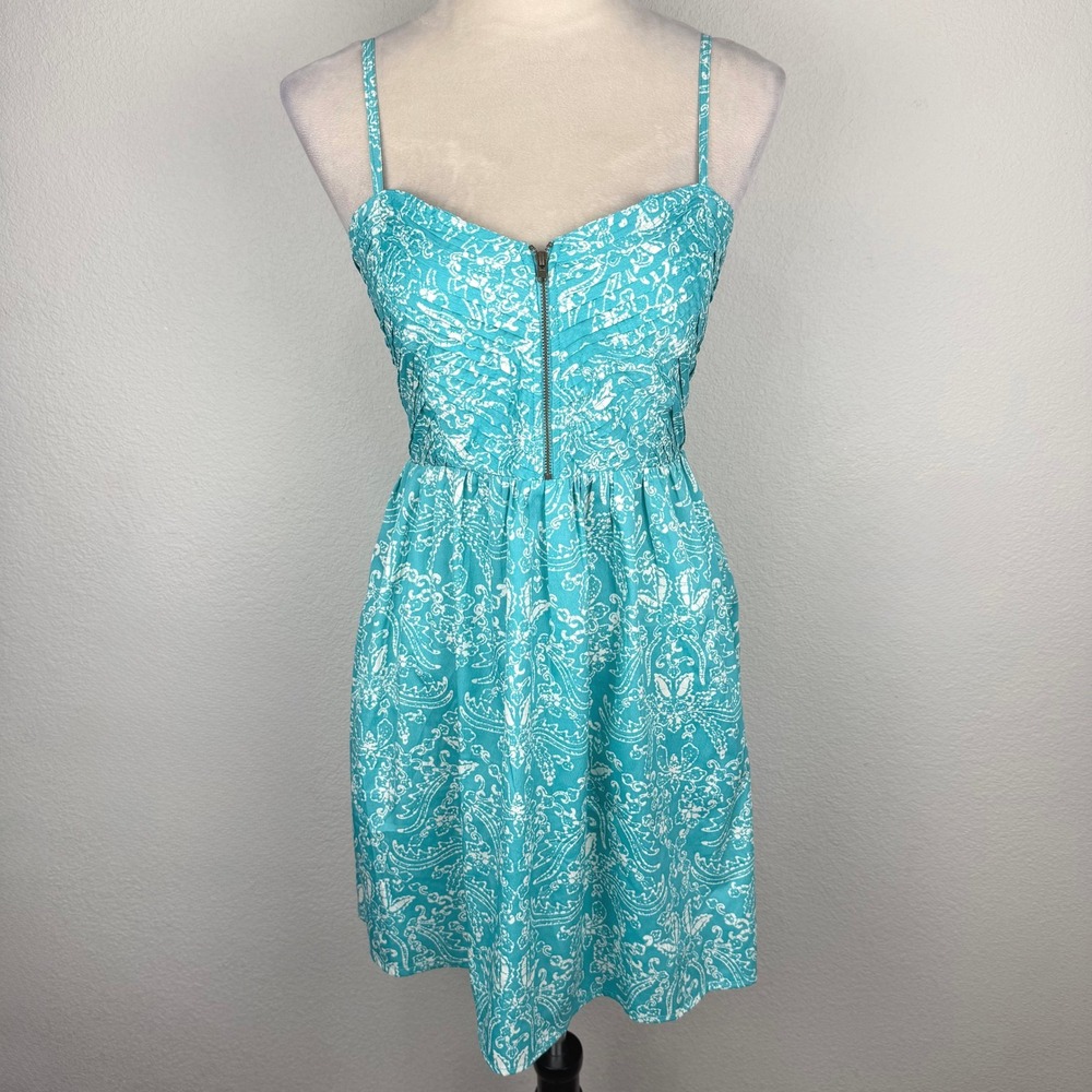 Y2K Roxy Womens Turquoise Paisley Zipper Front Smocked Back Sun Dress Size Med
